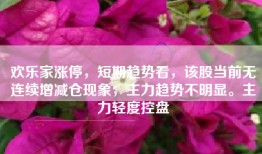欢乐家涨停，短期趋势看，该股当前无连续增减仓现象，主力趋势不明显。主力轻度控盘