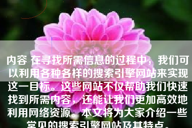 内容 在寻找所需信息的过程中，我们可以利用各种各样的搜索引擎网站来实现这一目标。这些网站不仅帮助我们快速找到所需内容，还能让我们更加高效地利用网络资源。本文将为大家介绍一些常见的搜索引擎网站及其特点。